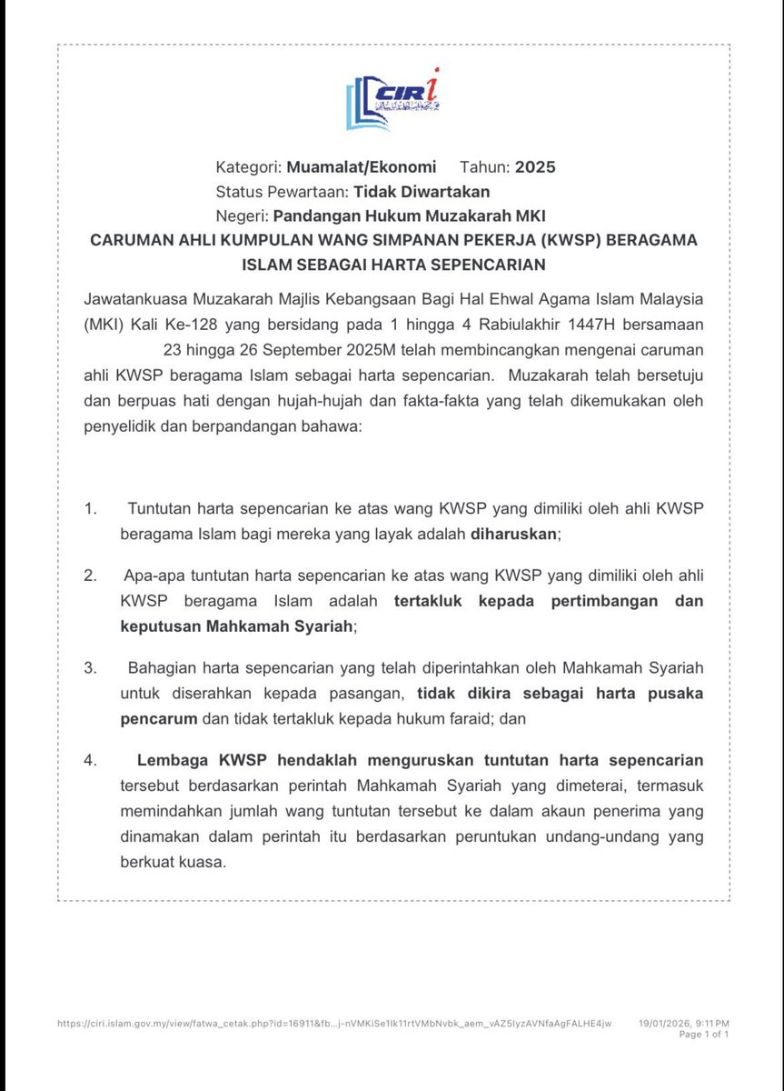IkhwanHafizLFP's tweet photo. Terkini, simpanan KWSP anda berpeluang untuk dijadikan sebagai harta sepencarian. Hukum nya diharuskan.

Jadi, buat para isteri, kehidupan anda dan anak selepas kematian suami dibolehkan untuk membuat tuntutan harta sepencarian melalui keputusan Mahkamah Syariah. https://t.co/yM6iiuqm8c