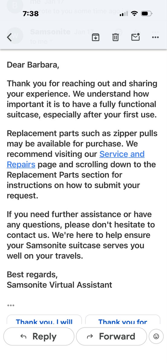 babsll's tweet photo. #Samsonite what the heck kinda answer is this? Warranty hmmmm https://t.co/3sEhb43m1x