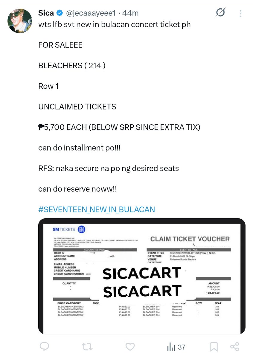 shuasaur's tweet photo. ‼️SCAMMER ALERT @jecaaayeee1‼️

please do not transact with @jecaaayeee1 and @wwmingyuw!! 
yung mga pinopost niyang voucher is mga nakaw lang tapos tinatakpan ang watermark. kagaya ng center 2 na binebenta niya na to good to be true ang price tapos installment pa. https://t.co/ANzHbdo1ri