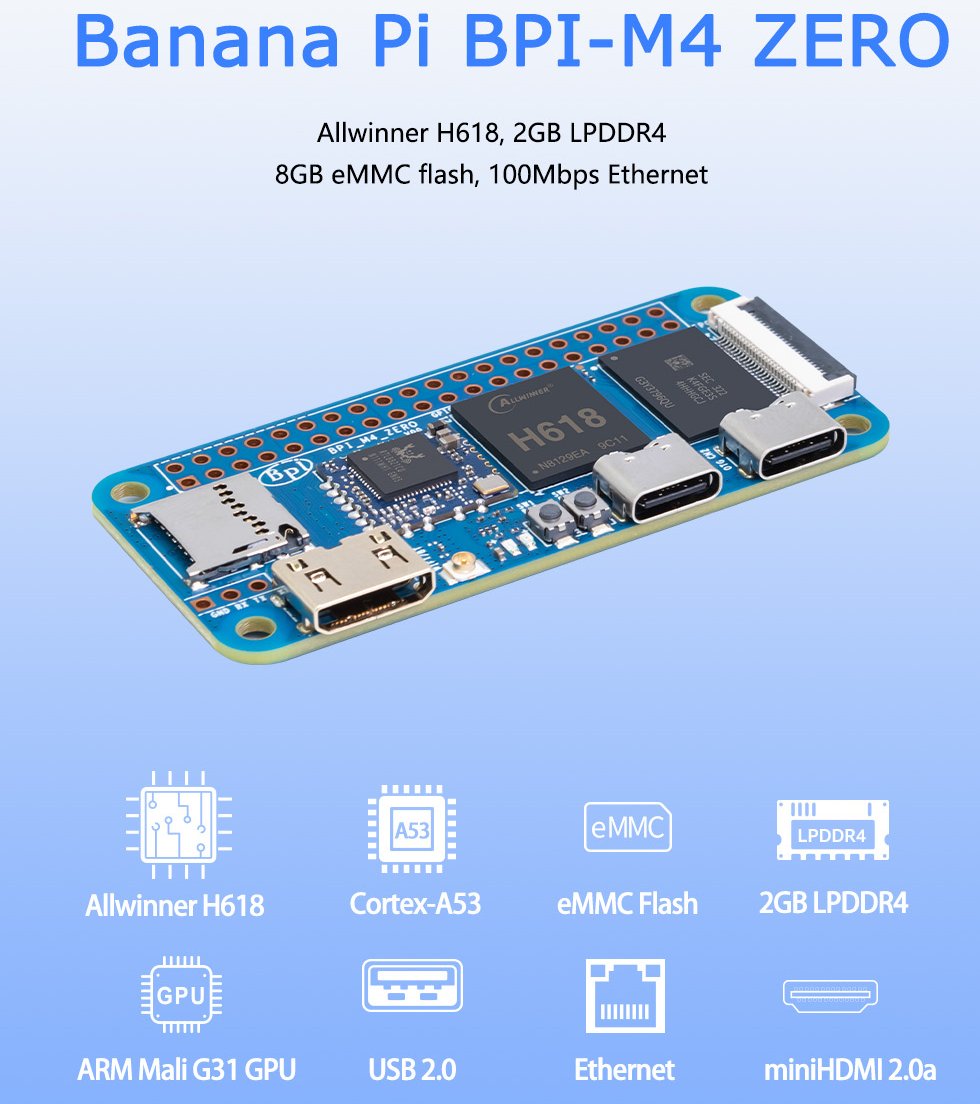 Banana Pi BPI-M4 Zero features an Allwinner H618 chip, supports 2.4G/5G Wi-Fi and Bluetooth 5.0, and has 2G/4G onboard LPDDR4 memory.
docs.banana-pi.org/en/BPI-M4_Zero…
#SBC #raspberrypi #bananapi #orangepi #Allwinner #Linux #Android #IoT #OpenSource