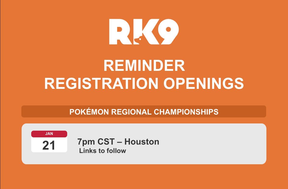 Attention #PlayPokemon competitors: mark your calendars for this week's Regional Championships registration!

Houston will open for registration at 7pm CST on Wednesday - stay tuned for links!