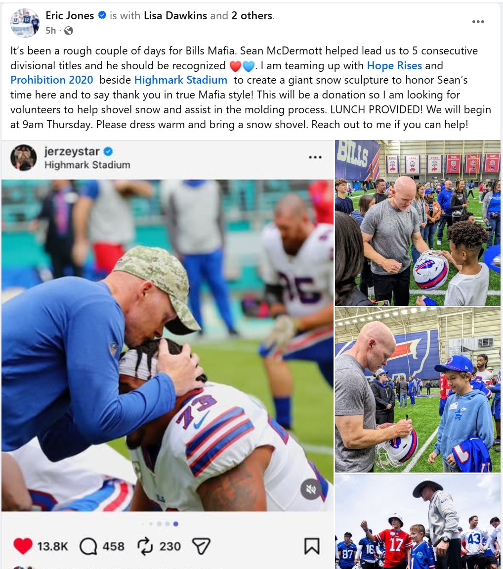 Eric Jones, the snow artist, is planning a sculpture beside Highmark to honor Sean McD's time in Buffalo. He needs volunteers to help shovel snow and assist in the mold making process. Prohibition 2020 is providing lunch, 9am this Thurs (1/22).