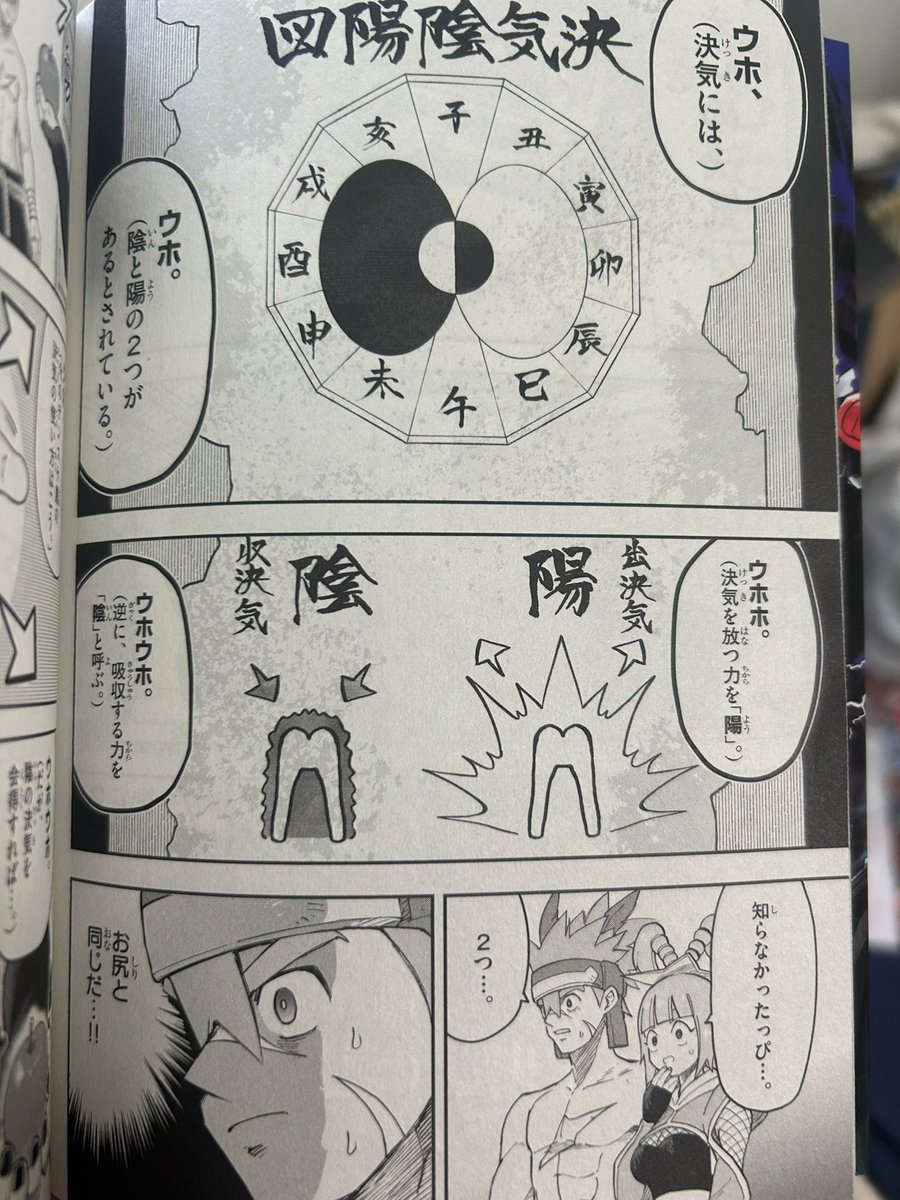 ケツバトラーナルメアさんのこれ、
おそらく型によって陰と陽どちらの出力を
メインにするか切り替えていると思われるが
その手こコントロールはケツバトラーの
中でも高等技術で主人公のデンスケくんは
陽の力しか使えない。
そしてこれを習得するための修行は
これなのでナルメアさんはお尻で筆を… 