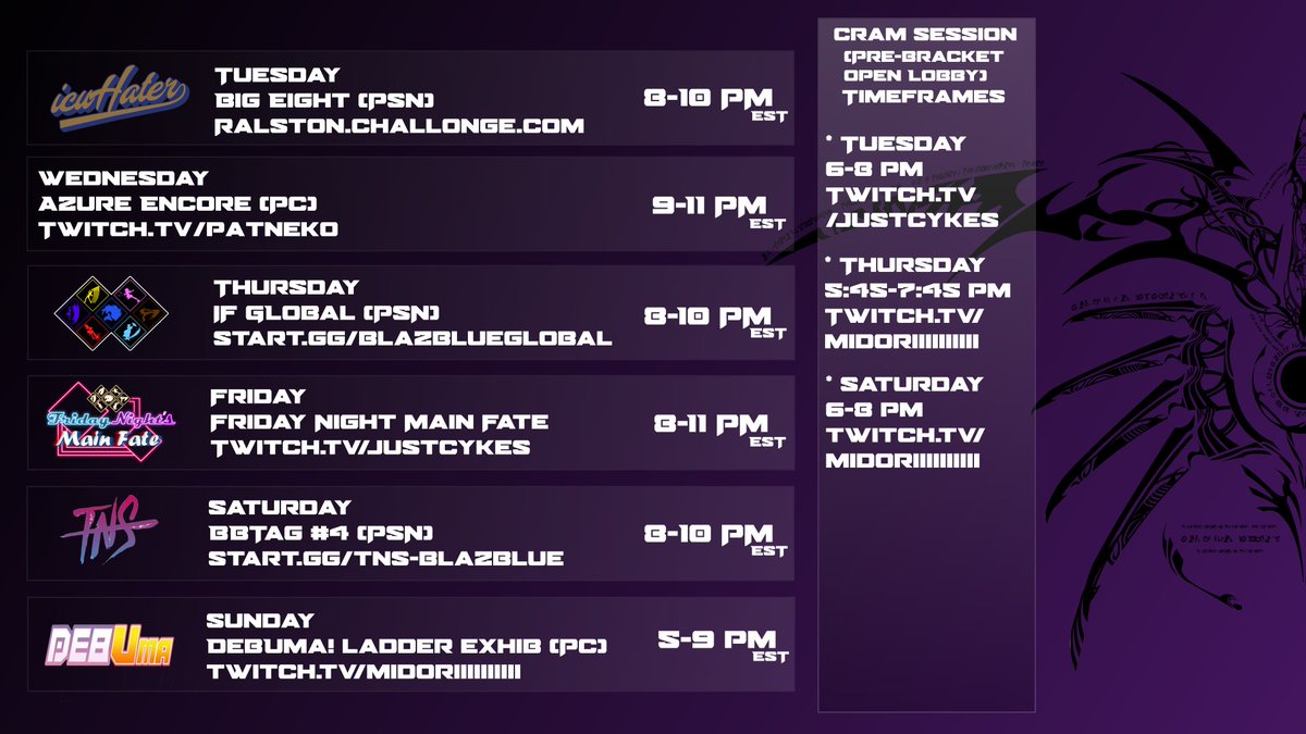 Mldorli's tweet image. The first schedule of 2026 is up for this week! With the debut of a brand new event(described shortly in another tweet) and FF on the horizon, this'll be one hell of a busy time for BBTag. 

Interested in joining these events? Links to the respective discords will be below.