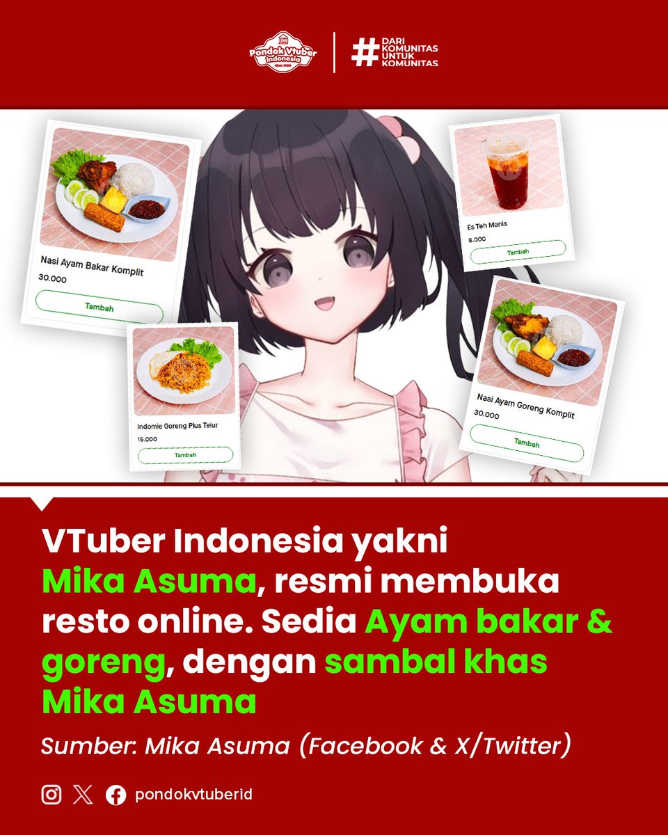 KABAR VIRTUAL KALI INI!
VTuber Indonesia yakni Mika Asuma (<a href="/mikaasuma/">Mikaasuma ˖⁺‧₊˚🥛💦</a>), resmi membuka resto online. Sedia Ayam bakar &amp; goreng, dengan sambal khas Mika Asuma

(1/15) NEXT->
#vtuber #vtuberid #mikaasuma #VTuberUprising