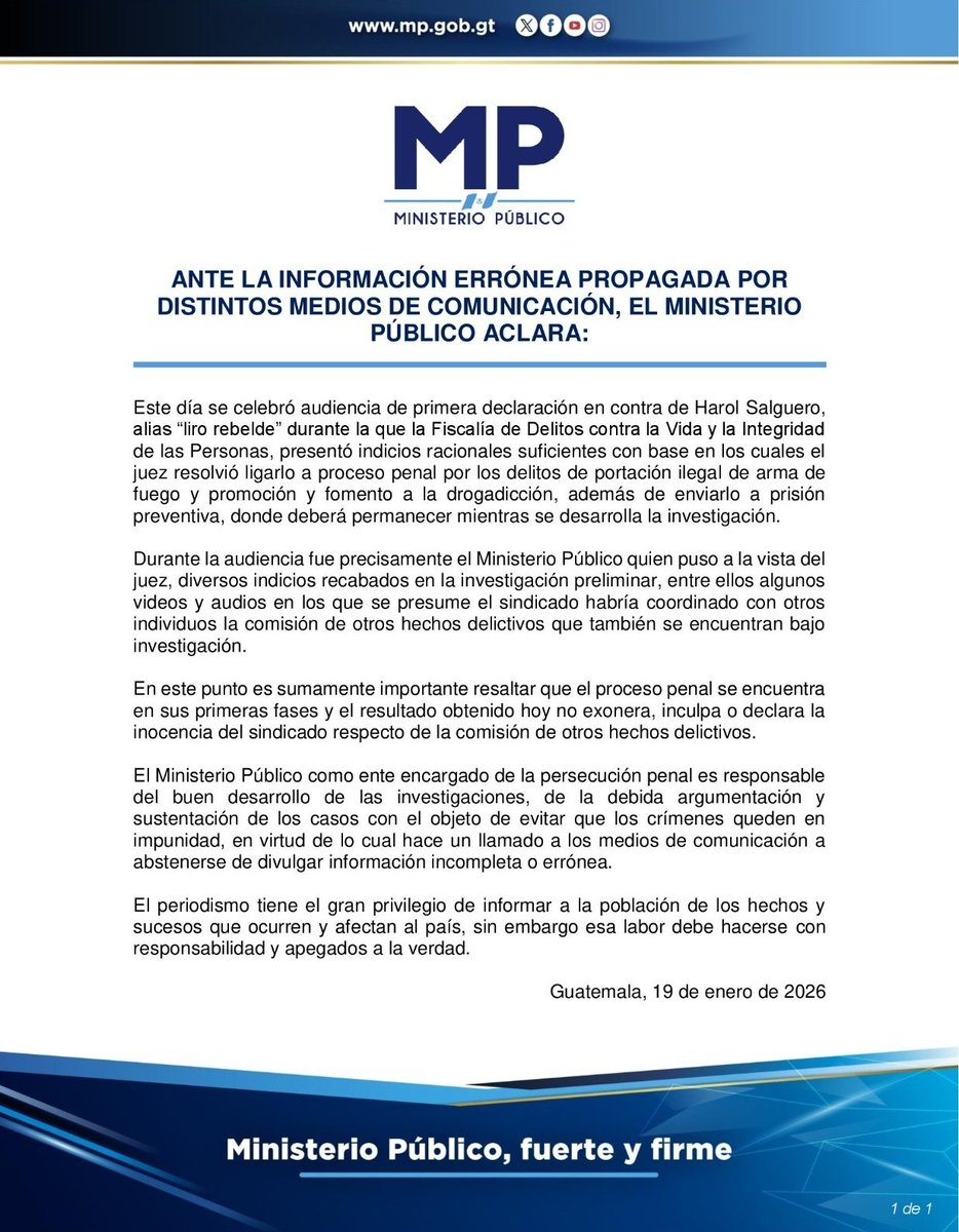 MPguatemala's tweet image. Ante la información errónea propagada por distintos medios de comunicación, el Ministerio Público aclara:

#MPfuerteYfirme 💪