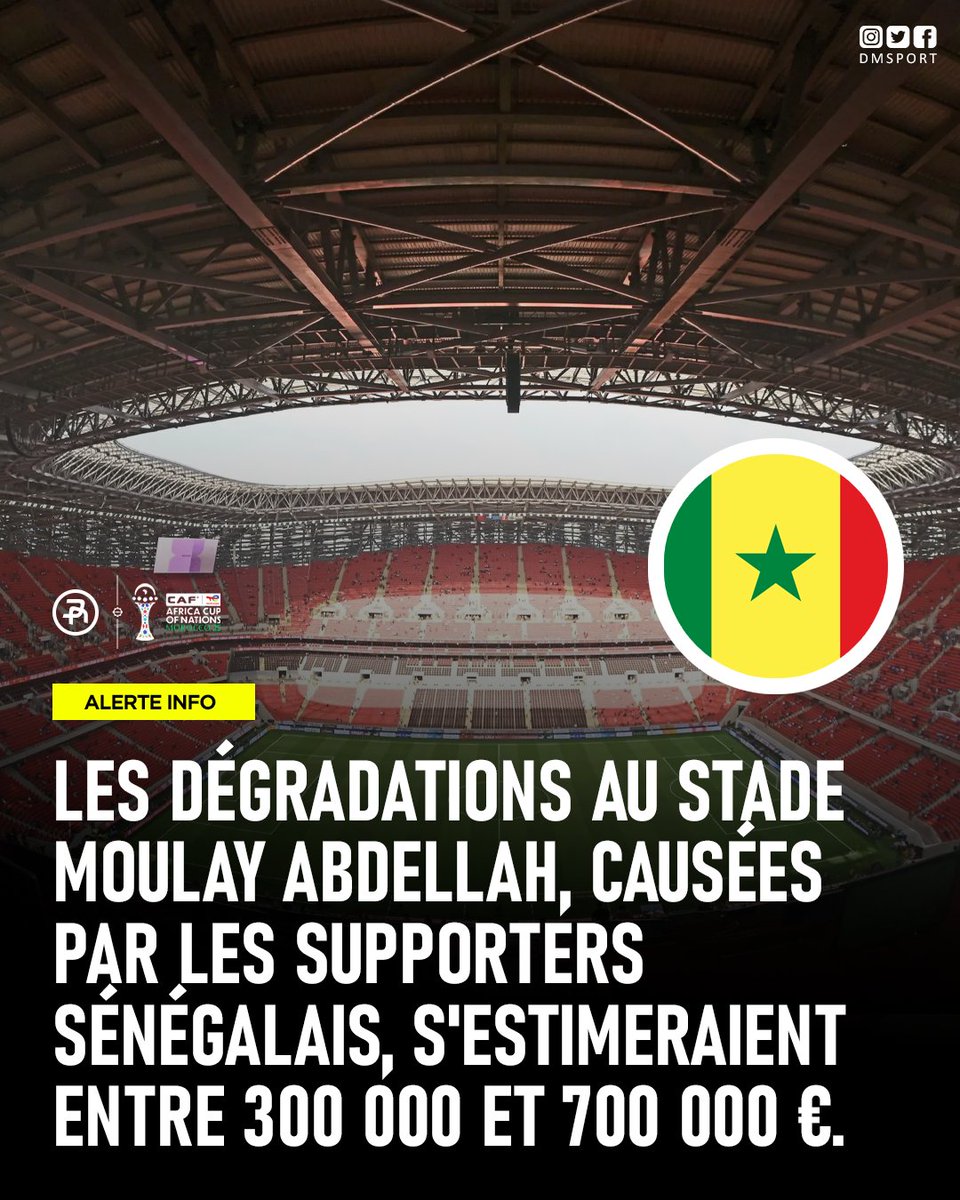 dmsportma's tweet image. 🚨 Dégâts majeurs au Complexe Moulay Abdellah 🏟️

Suite aux échauffourées lors de la finale de la #CAN2025, le premier bilan est lourd.

Les dégradations (sièges, écrans LED, mobiliers), causées par les supporters sénégalais, s'estimeraient entre 300 000 et 700 000 €. 💸

Une