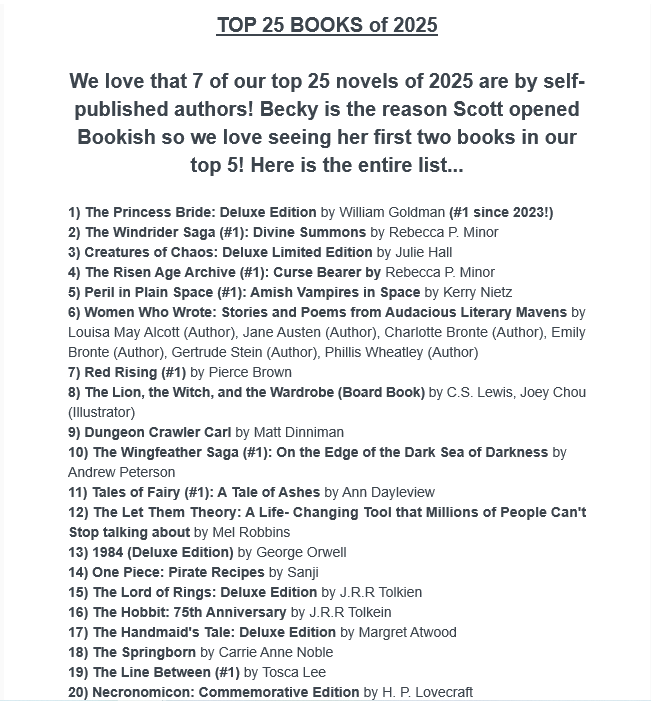 Did I mention how much I love indie bookstores?
<a href="/BookishKOP/">Bookish</a> just sent out their January newsletter.
Within was a nice, unexpected promo for my stories AND their top 25 list for last year. 
If you're in the area of the mall, stop in and tell them "Hi!" for me.