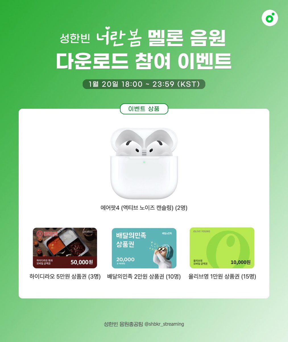shbkr_streaming's tweet image. 📢#RT 추첨 한 분에게 배달의민족 3만원 상품권을 드립니다. (1/23 당발)
💚성한빈 &amp;lt;너란 봄&amp;gt; 멜론 다운 이벤트 안내💚

멜론 다운만 하면 에어팟을 준다고? 타팬도, 지인도 대신 참여가능한 다운로드 이벤트가 왔어요!!

🗓️2026.01.20. 18:00 ~ 23:59 KST

1️⃣ 멜론에서 &amp;lt;너란 봄&amp;gt; 개별곡을 구매하고…