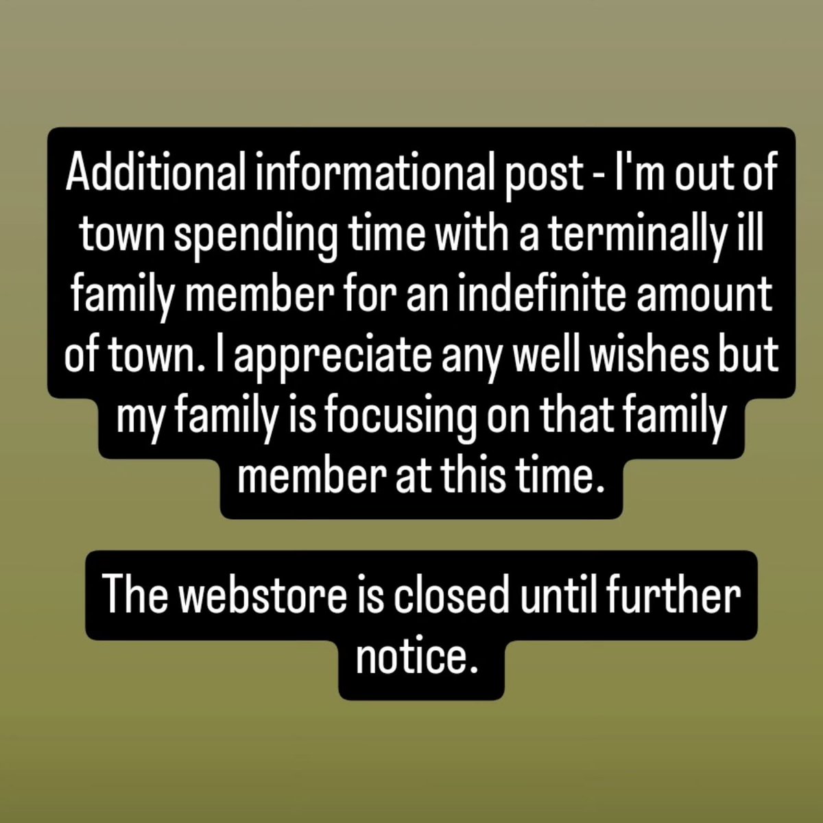 Store is closed while we spend time with a terminally ill family member. Appreciate your well wishes but at this time we are focusing our time and attention on them.