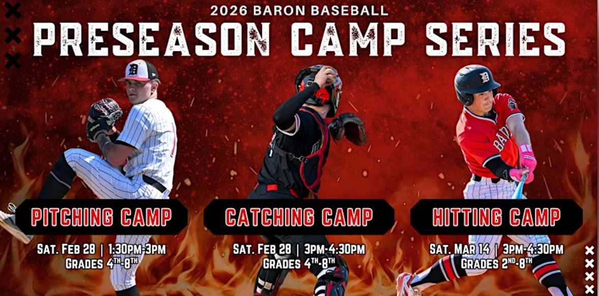 ⚾ DeKalb Baron Baseball is hosting a Preseason Camp Series for grades 2–8! 

Get focused instruction in pitching, catching, and hitting from DHS coaches and players. Build strong fundamentals before the season starts. 

Register here: …ekalbbaseballpreseason.eventbrite.com