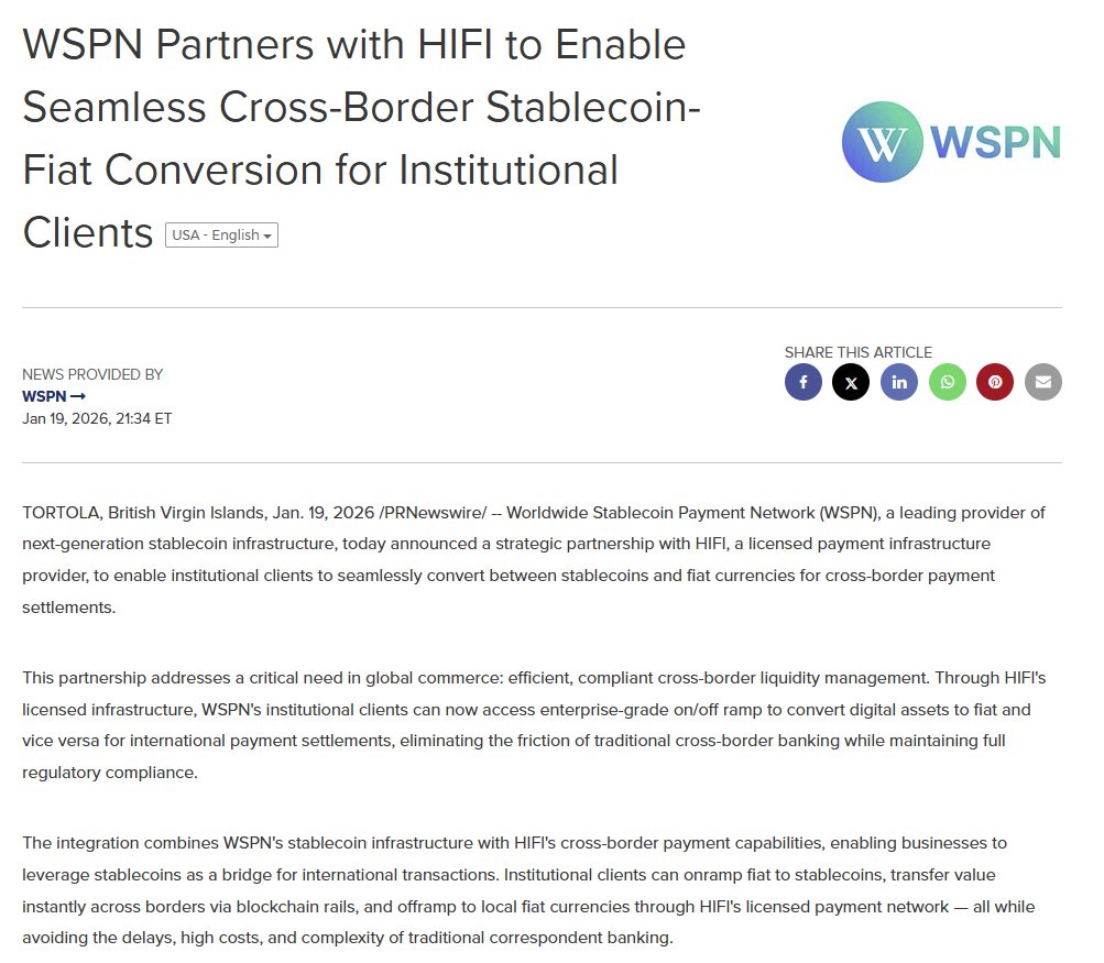 知媒快讯】WSPN 与HIFI 合作为机构客户提供稳定币与法币无缝转换服务