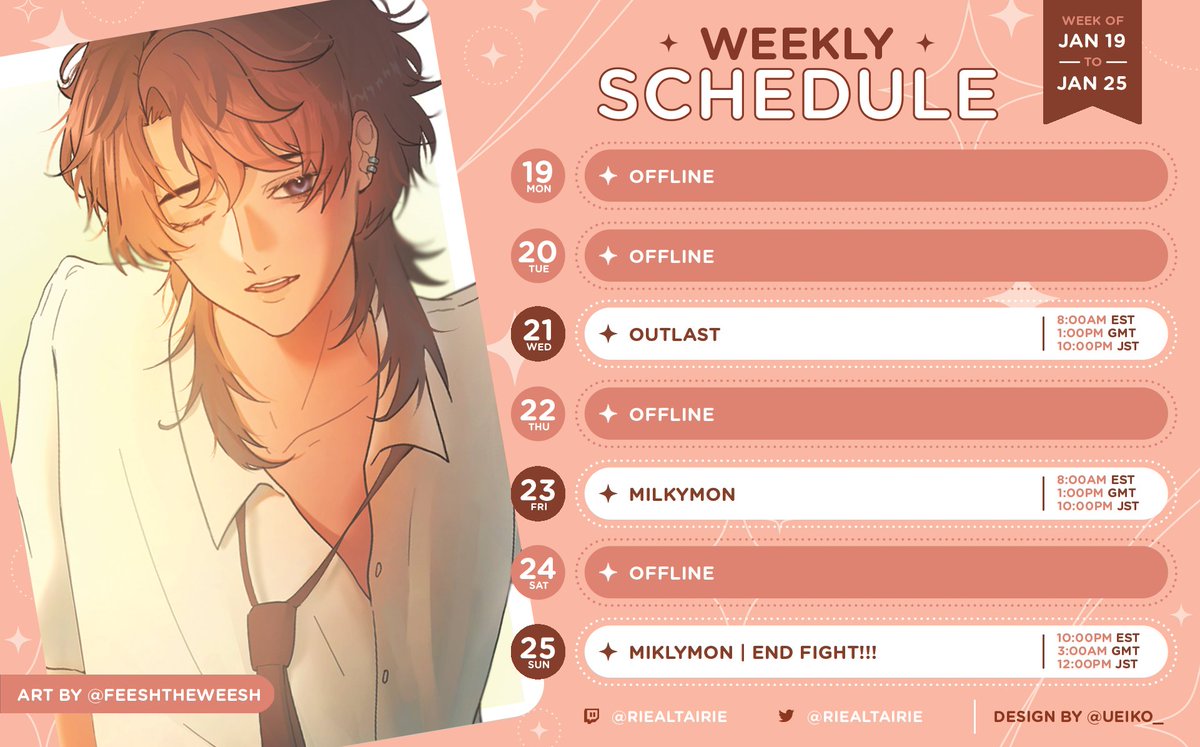 ✧˖°. JAN 19th - JAN 25th SCHEDULE ⋆˙⟡     

Our health should be more stable this week, so we're back with a schedule!!

Hopefully completing scary game Outlas this week (ᵕ—ᴗ—) And more playtime on Milkymon, especially The End fight!

🎨:@/feeshtheweesh