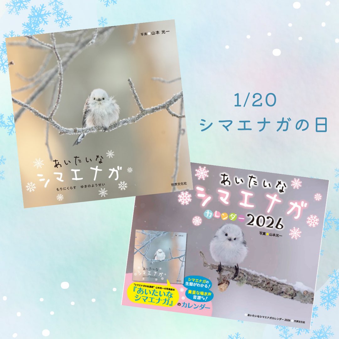 ／
1/20は　#シマエナガの日 ❄️
＼
かわいいシマエナガ写真満載の
絵本で楽しんでね(・▲・)♡

#あいたいなシマエナガ 
books.sekaibunka.com/book/b10103493…
🏆図書館員がえらぶ選書ｾﾝﾀｰ大賞2025
小学校 絵本1位
🏆箕面市子どもの本ｱｶﾃﾞﾐｰ賞

2026カレンダーも発売中！
books.sekaibunka.com/book/b10144262…