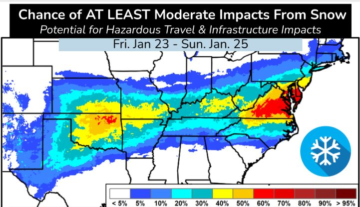 ❄️Weekend winter storm potential is officially on everyone’s radar 

The graphic here is from the National Weather Service, and what really stands out is the huge swath of the country that could be impacted. The Mid-Atlantic is highlighted as one of the more likely regions to see