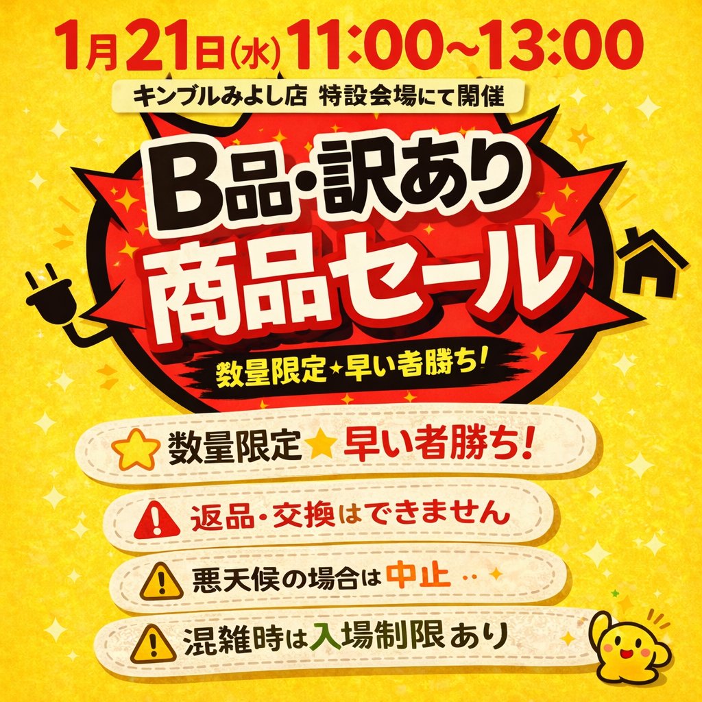 kimbleofficial's tweet image. 🉐 B品・訳あり商品セール 🉐

数量限定・早い者勝ち！

📅 開催日時
1／21（水）
11：00〜13：00

📍 開催場所
みよし店特設会場

🔻 ご注意事項（必ずご確認ください）
 • 返品・交換不可
 • 悪天候の場合は中止
 • 混雑時は入場制限
 • 訳あり内容(キズ/汚れ/外箱不良等)ご理解の上ご購入下さい