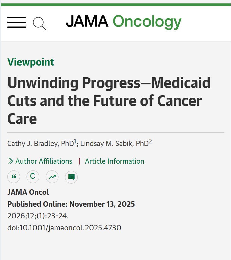 JAMAOnc's tweet image. 💬 Viewpoint: #Medicaid cuts and work requirements in the 2025 budget law risk reduced access to cancer prevention, delayed diagnoses, later-stage disease at presentation, and caused worse cancer outcomes. 

ja.ma/3LP3C93