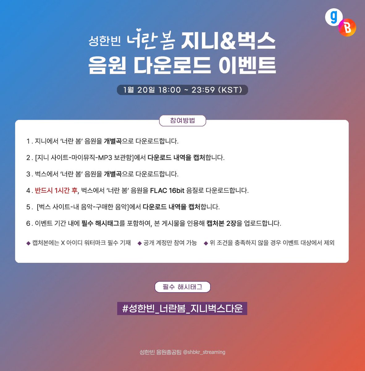 shbkr_streaming's tweet image. 🩵성한빈 &amp;lt;너란 봄&amp;gt; 지니&amp;amp;벅스 다운 이벤트 안내🧡

이번 총공에서는 지니&amp;amp;벅스가 정말 정말 중요해요🥹 그만큼 상품도 넉넉하게 준비했으니, 이벤트 꼭 참여하셔서 전부 받아가세요!!

🗓️2026.01.20. 18:00 ~ 23:59 KST

1️⃣ 지니&amp;amp;벅스에서 &amp;lt;너란 봄&amp;gt; 개별곡을 구매하고 다운받은 다음, 다운내역을…