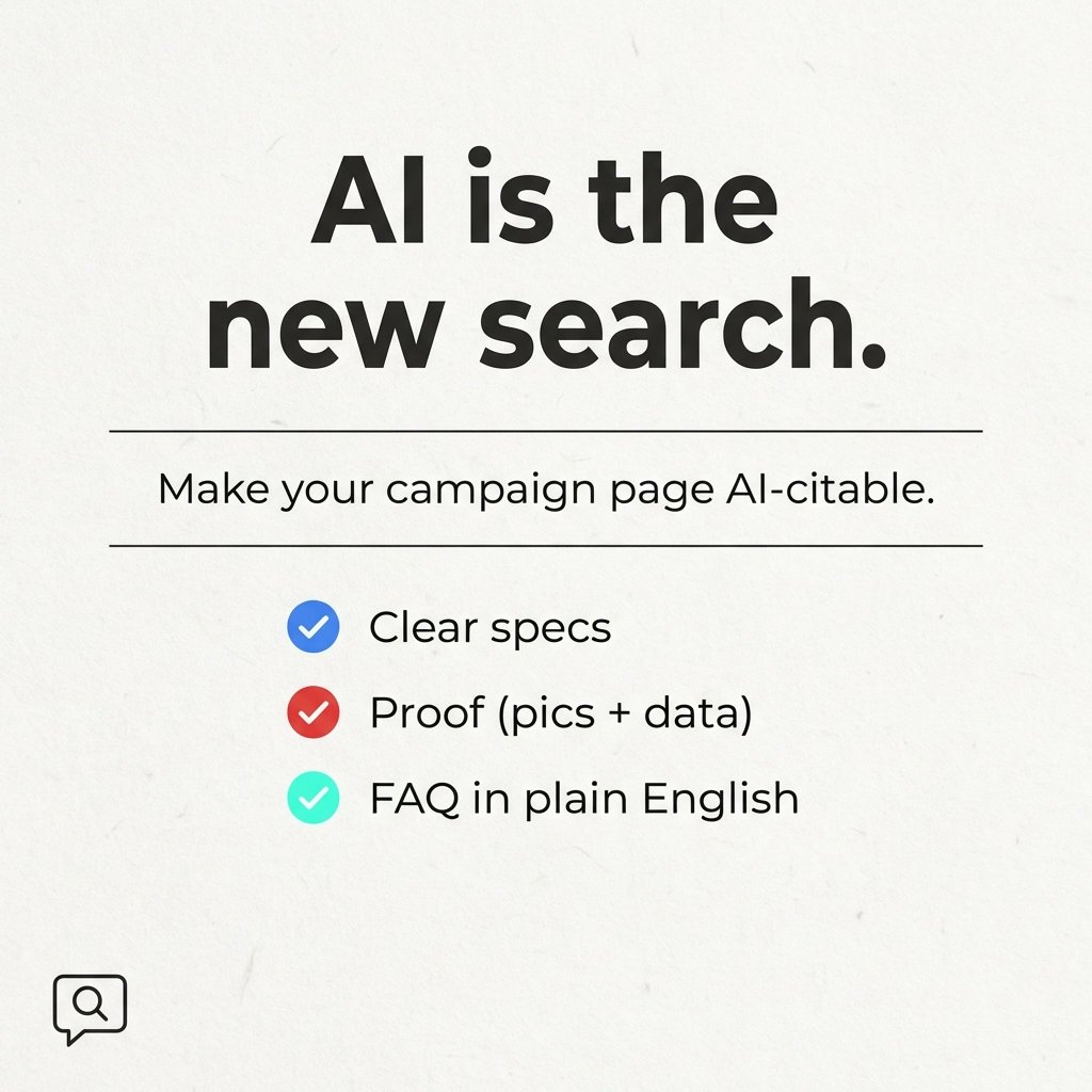 Creators, AI is the new search: if ChatGPT/Perplexity can’t *quote* your campaign, you’re basically invisible. Make your page AI-citable: clear specs, real proof, plain-English FAQs. What do most pages miss? Drop your hot takes 👀