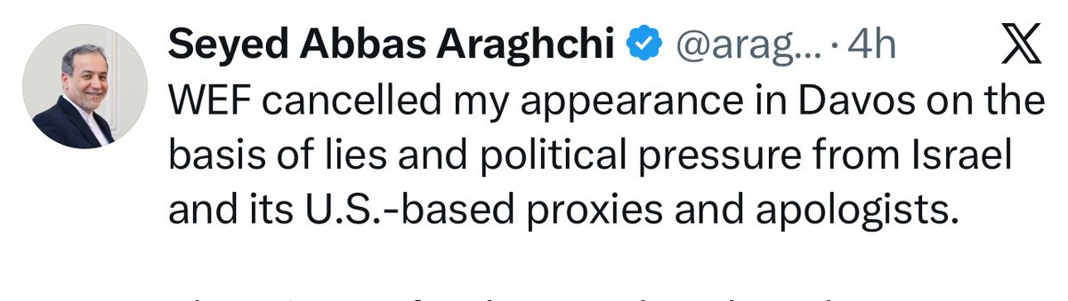No Mr. Foreign Minister. Your appearance at Davos got cancelled because the regime which you represent continues to mow down and massacre heroic young Iranian men and women demanding their basic rights and dignity.