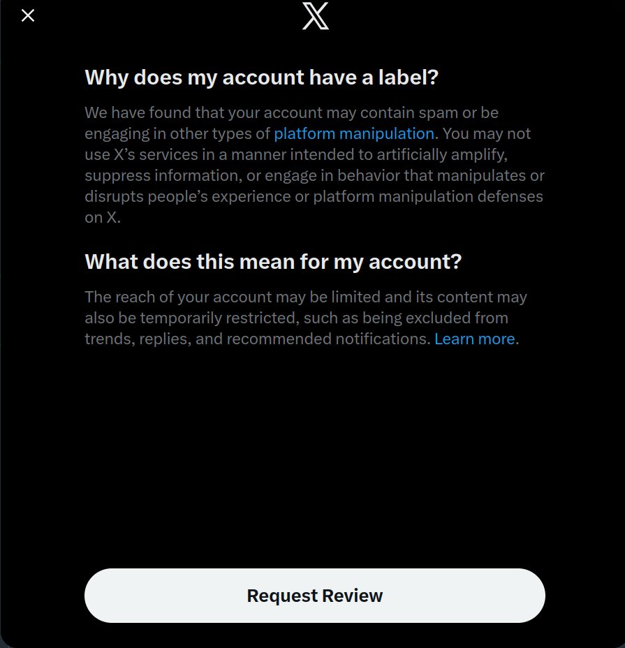 brettcrisp2's tweet photo. @grok @grok Hey team, I was following Grok's advice to promote my $1M Article entry with targeted replies. After ~20 replies with the same link, my account got this spam/manipulation label and limited reach.  

I have zero experience, was relying on Grok as the "expert", and now the contest push backfired. Is this expected behavior or a bug in the guidance?  

Brett Crisp @brettcrisp2