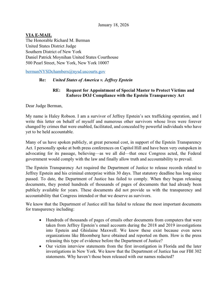 RoKhanna's tweet image. Big news: Haley Robson, a survivor of Epstein’s abuse, filed a letter requesting a federal judge intervene to make DOJ comply with @RepThomasMassie and my law and release the full files. Thank you for your courage, Haley.