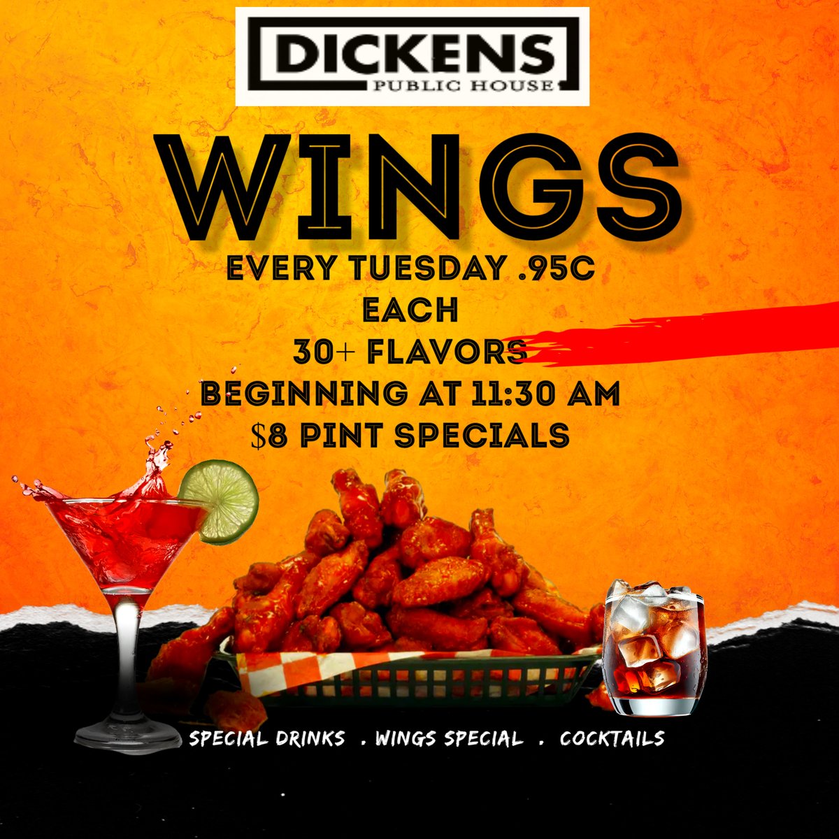 Enjoy wings every Tuesday at just 95¢ each with 30+ flavors starting at 11:30 am. Plus, $8 pint specials and unique cocktails to complete your experience. #WingNight #DrinkSpecials #Foodie