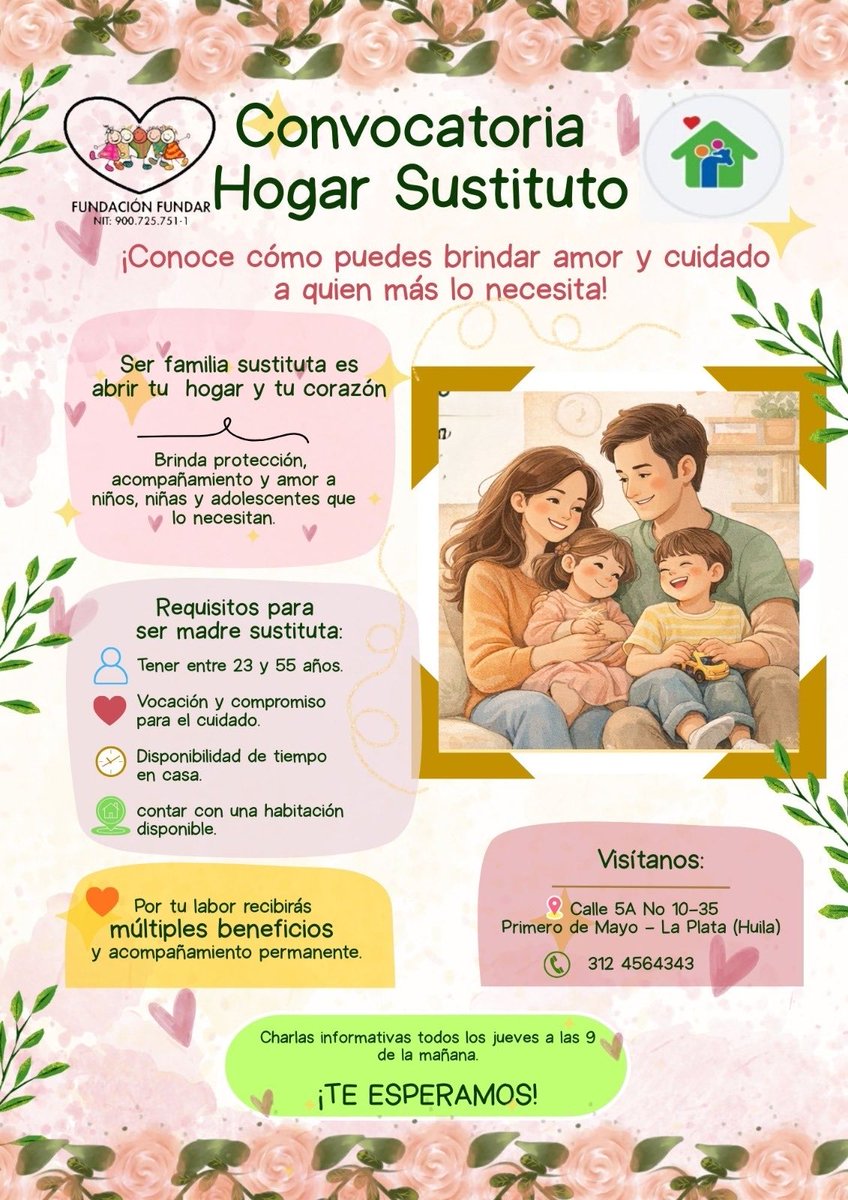 fund_FUNDAR's tweet photo. ¡Anímate a ser parte de nuestras Familias Sustitutas!
Nos encontramos en los municipios de:
Neiva: Cra 5 Bis N° 17-44 Barrio Quirinal 
Pitalito:Calle 3 Sur 1a Bis -14 Barrio Manzanares
Garzón: Calle 6 N° 1E-40 Barrio Santa Clara
La Plata: Calle 5A N° 10-35 Barrio Primero de Mayo https://t.co/uyHQlwMDnF