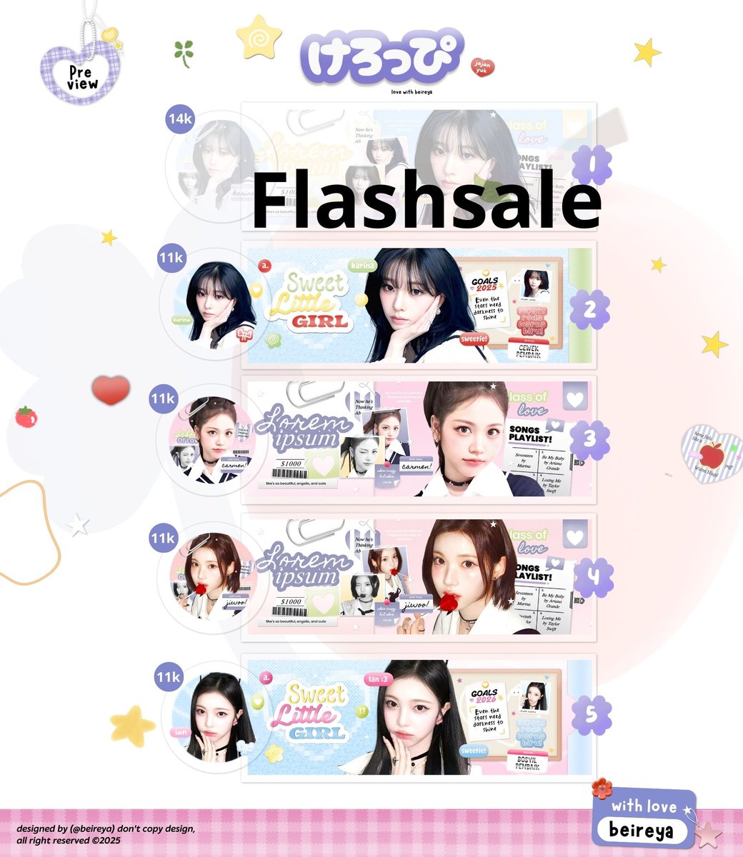 beireya's tweet image. Help repost ya makasih 🥰

Haloo! Aku ada bawa layout ready stock karina, jiwoo, ian carmen &amp;amp; wonyoung yg bisa sung take sekarang juga

💰 : SPAY/QRIS ONLY 
💸 : cek pict

🤗 order ke tele only cek my pinned

#zonauang