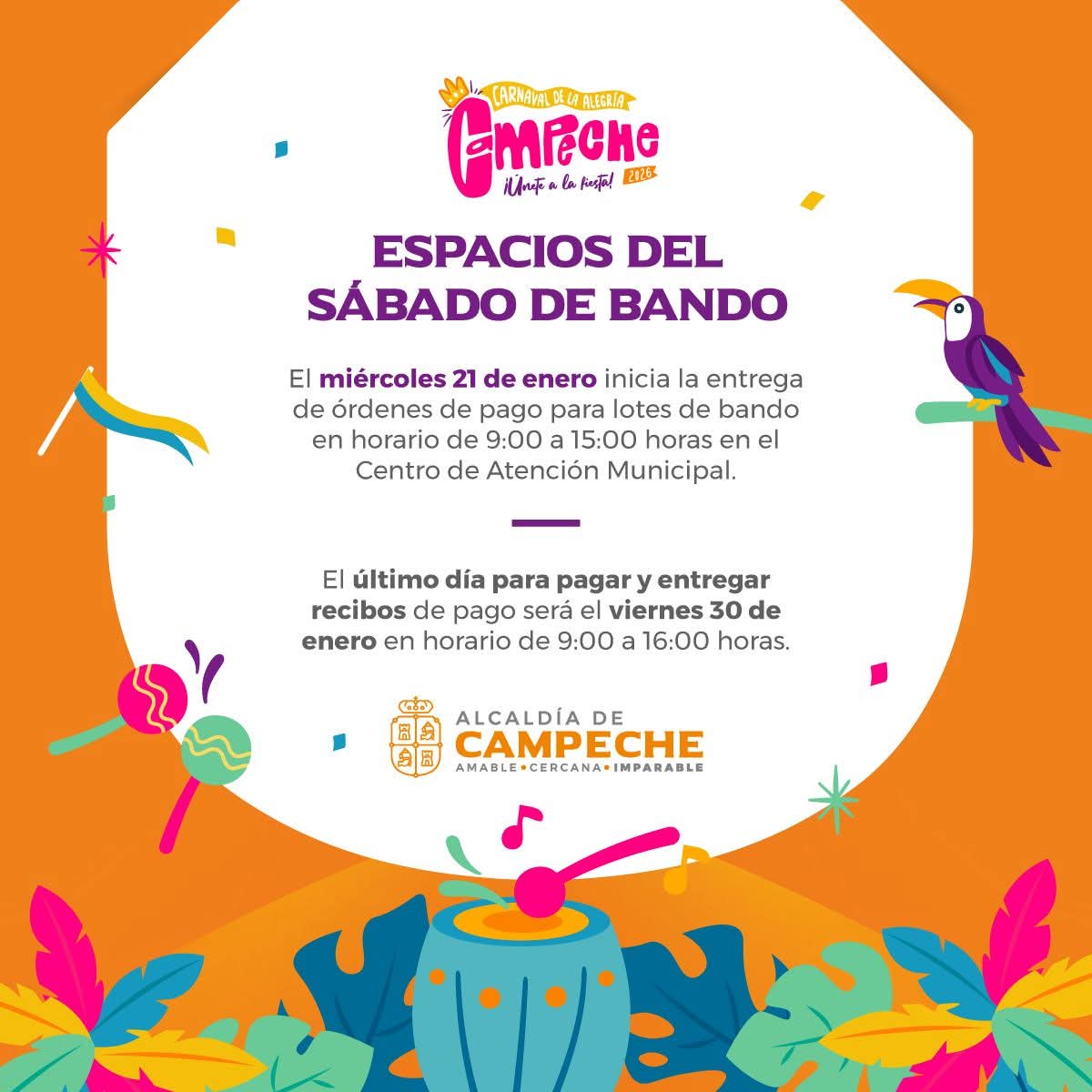 La <a href="/Alcaldia_Camp/">Alcaldía de Campeche</a> inicia la entrega de órdenes de pago para lotes de bando en el #CAM frente a Iglesia de Guadalupe.

📅 Miércoles 21 de enero
🕘 9:00 a 15:00 hrs

⚠️ Último día para pagar y entregar recibos de pago
📅 Viernes 30 de enero
🕘 9:00 a 16:00 hrs