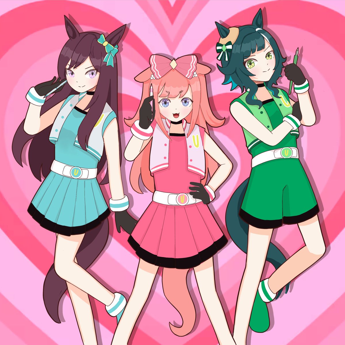 15qla's tweet image. the powerpuff girls of umaket 🩵🩷💚