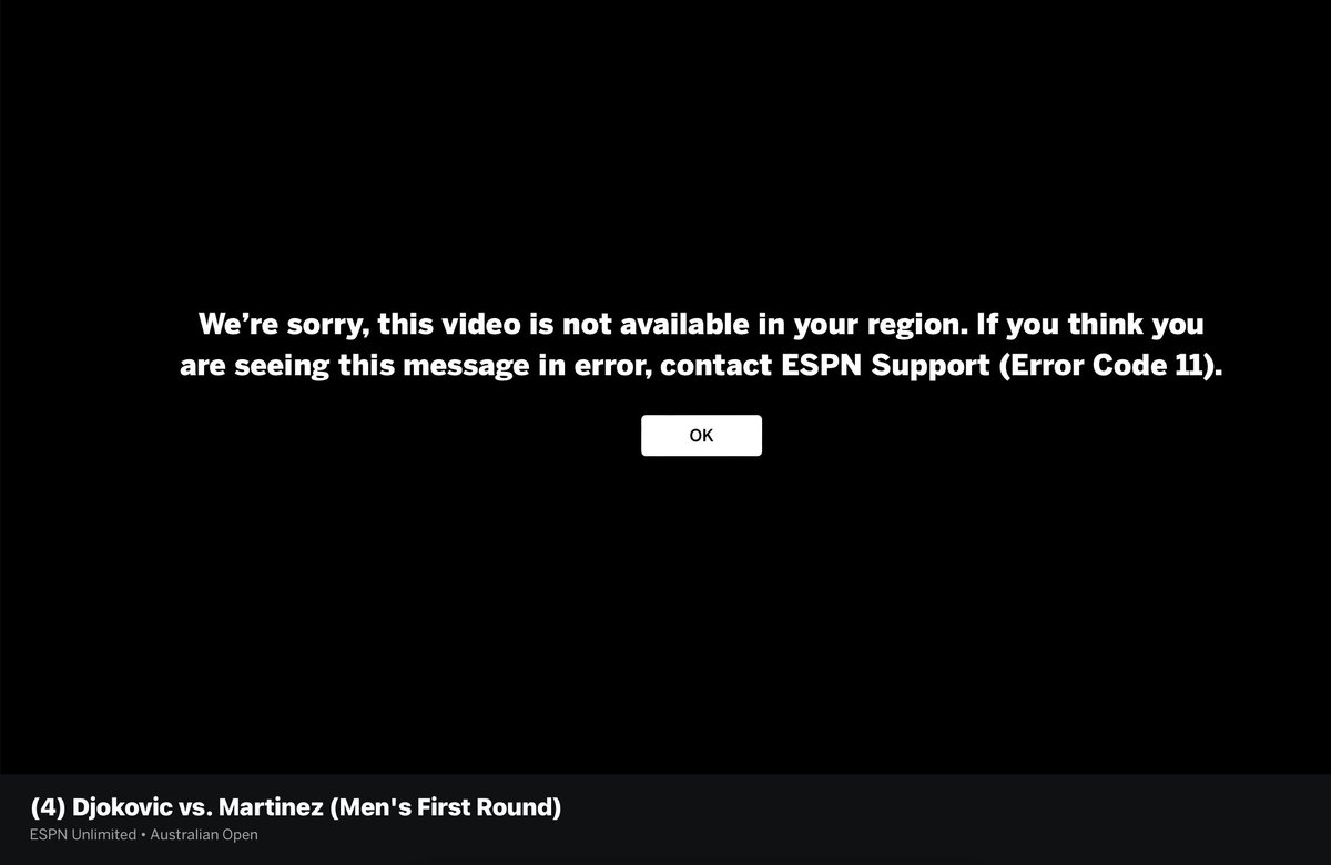 It's more than 12 hours and I still can't watch <a href="/DjokerNole/">Novak Djokovic</a> at the <a href="/AustralianOpen/">#AusOpen</a>. When are you going to fix this, <a href="/ESPNFANSUPPORT/">ESPN FAN SUPPORT</a> ??