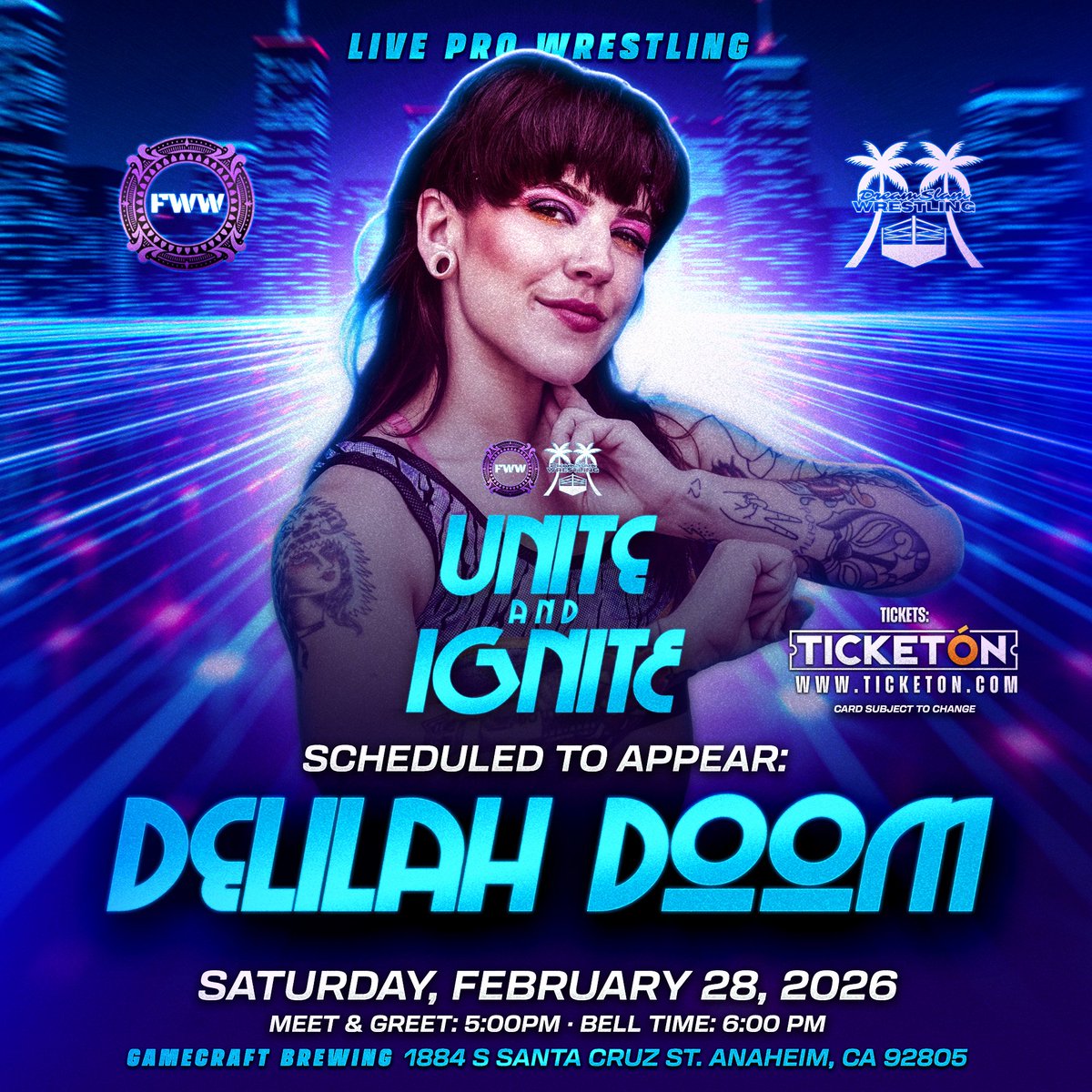 FWW_LA's tweet photo. DELILAH DOOM returns to Future of Women’s Wrestling at 

UNITE &amp; IGNITE

SATURDAY, FEBRUARY 28, 2026

GAMECRAFT BREWING
1884 S SANTA CRUZ ST
ANAHEIM, CA 92805

@delilah_d00m 

Tix:
https://t.co/jNMp2Vs2xR

#thefutureisnow #womenswrestling #wrestling #indiewrestling https://t.co/CIzBuq5g4O