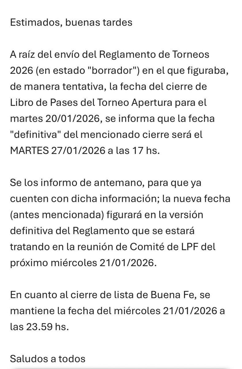 Está es la explicación de la <a href="/LigaAFA/">Liga Profesional de Fútbol</a> del porque la fecha de cierre del libro de pases será el martes 27 la del 20 era "tentativa " ...en fin