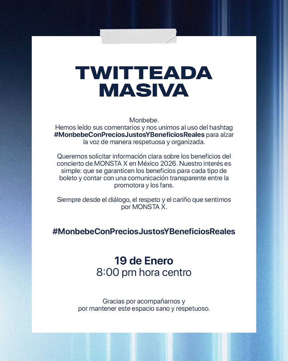 MxLatinomex's tweet photo. Monbebe! Es hora de comenzar a usar:
 #MonbebeConPreciosJustosYBeneficiosReales 

Para solicitar claridad sobre los beneficios del concierto de MONSTA X en México 2026

@OfficialMONSTAX https://t.co/oSJRWOjdfa