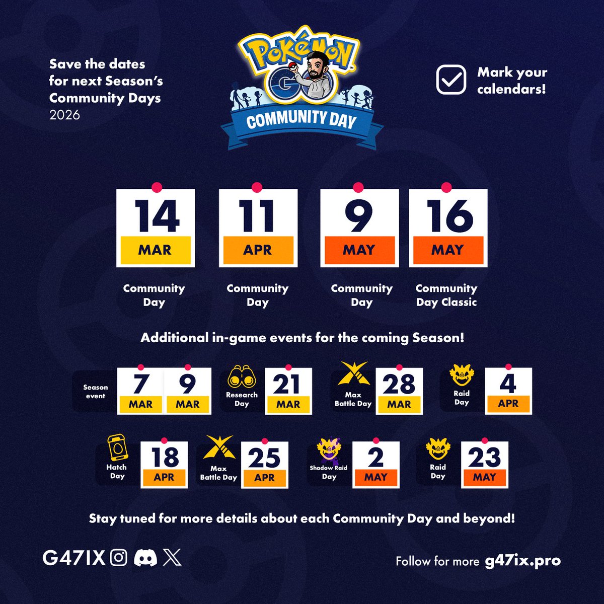 g47ix's tweet image. Save the dates for next Season’s events in #PokemonGO Mark your calendars. 📅✨