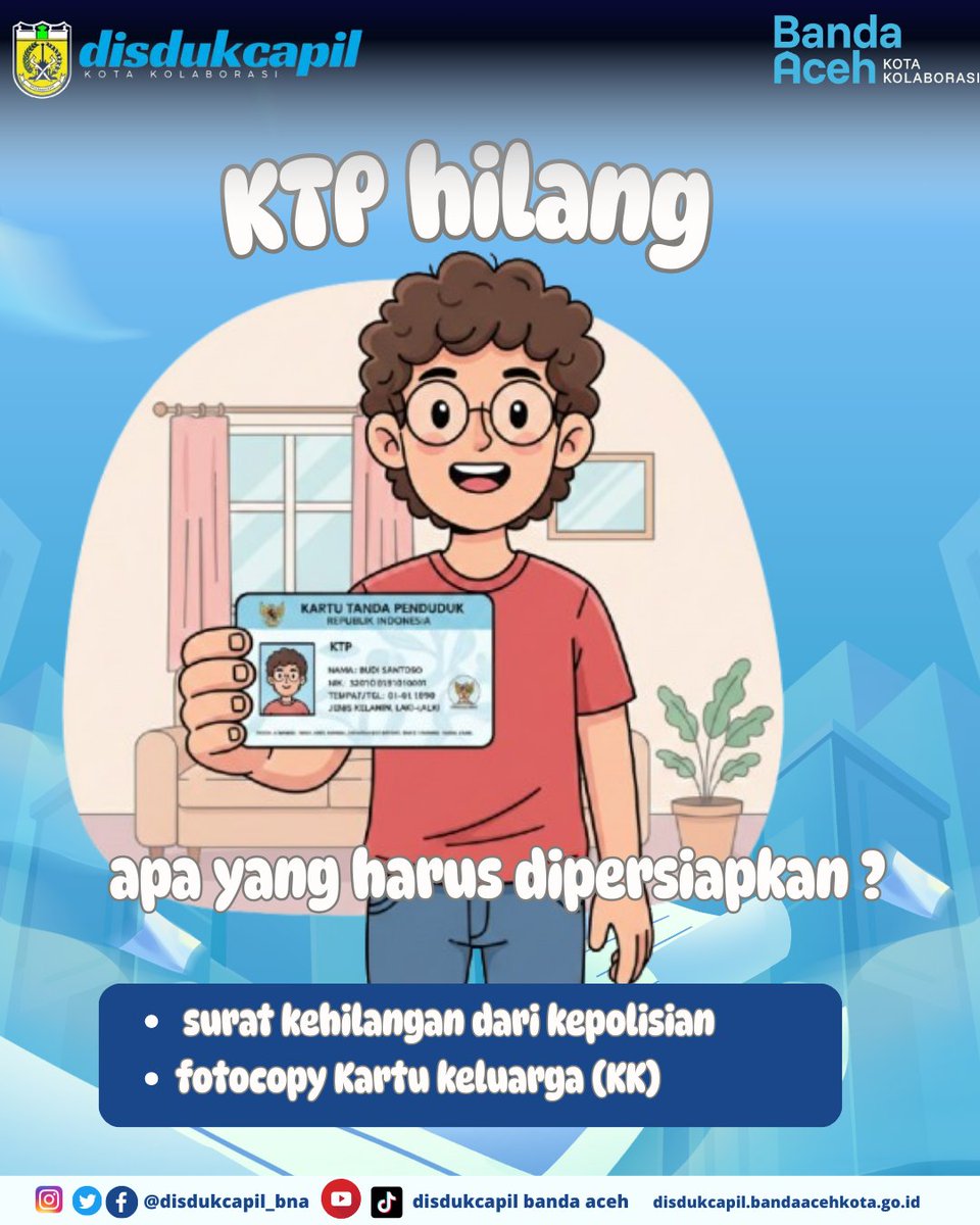 Assalamu'alaikum 
hai sobat dukcapil kota banda aceh 

Berikut alasan penting kenapa jika KTP hilang harus segera melapor 

1. Mencegah penyalahgunaan identitas
2. Menjaga keamanan data 
3. Keperluan administrasi lainnya (perbankan, bpjs, bansos dll) 
4. Penerbitan KTP pengganti