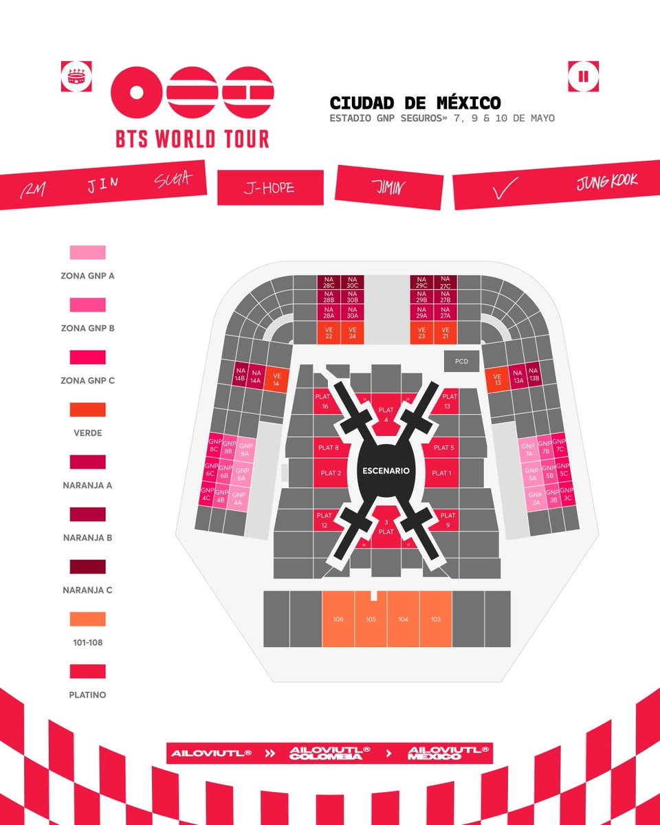 🚨 RECOMENDACIÓN DE ZONAS 🚨

Aquí les dejo mi recomendación de zonas para los conciertos de BTS en el Estadio GNP Seguros de CDMX, México, correspondientes al WORLD TOUR que se realizará los días 7, 9 y 10 de Mayo del 2026.

Además del mapa en una versión en HD.

Ojo, es a mi