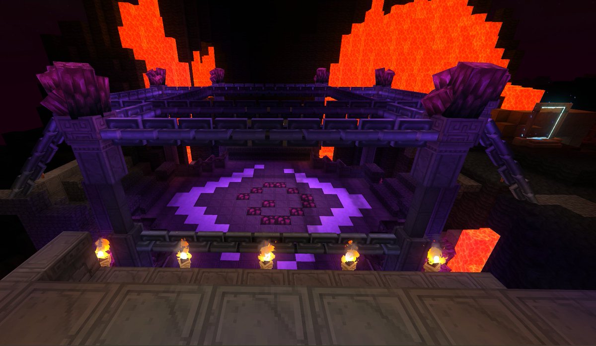 Xaavionn's tweet image. First larger build in the @CurseBreakerSMP !! PvP arena over the volcano yes please. I also made support beams underground to hold it up! And of course I had to rep the logo for us in the arena.