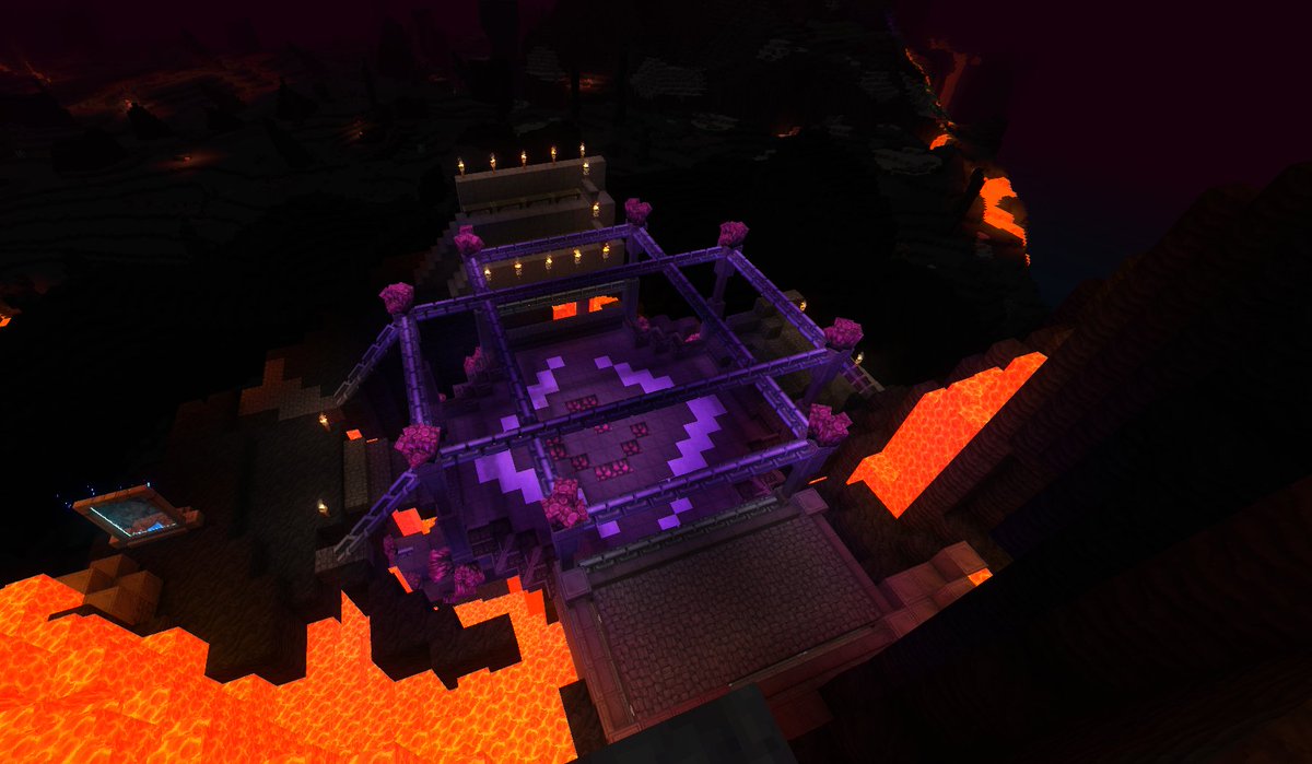 Xaavionn's tweet image. First larger build in the @CurseBreakerSMP !! PvP arena over the volcano yes please. I also made support beams underground to hold it up! And of course I had to rep the logo for us in the arena.
