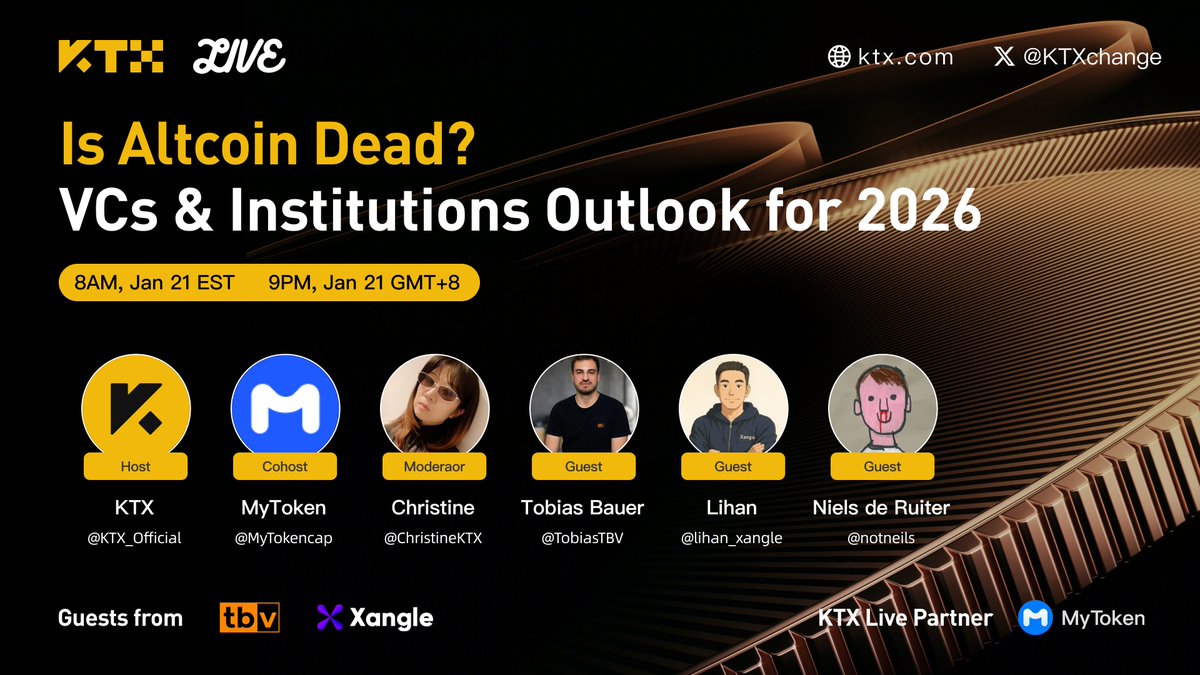 KTX_Official's tweet image. 🚀X Space Alert: KTX Live 

📍Topic: 
Is Altcoin Dead? VCs &amp;amp; Institutions Outlook for 2026

🗓️Time: 
8am EST, 9pm GMT+8, Jan 21st

Host: 
KTX &amp;amp; @MyTokencap 

Moderator: 
@ChristineKTX 

Guests:
@TobiasTBV 
@lihan_xangle 
@notneils 

🔔Set reminder 👇
🔗 x.com/i/spaces/1yoKM…