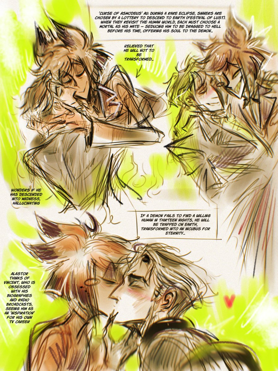 #radiostatic #voxal 

‘Curse of Asmodeus’ AU: During a rare eclipse, sinners are chosen by lottery to descend to earth (festival of lust). In the human world, each must find a mortal as his mate, dragging them back to Hell — or else be transformed to an incubus for eternity