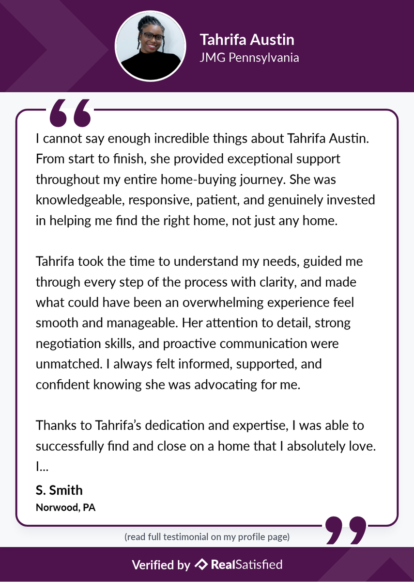AgentTahrifa's tweet photo. Testimonials like this make me smile… really wide. https://t.co/mClIRkXWkk via @realsatisfied https://t.co/R11Ff7neSz