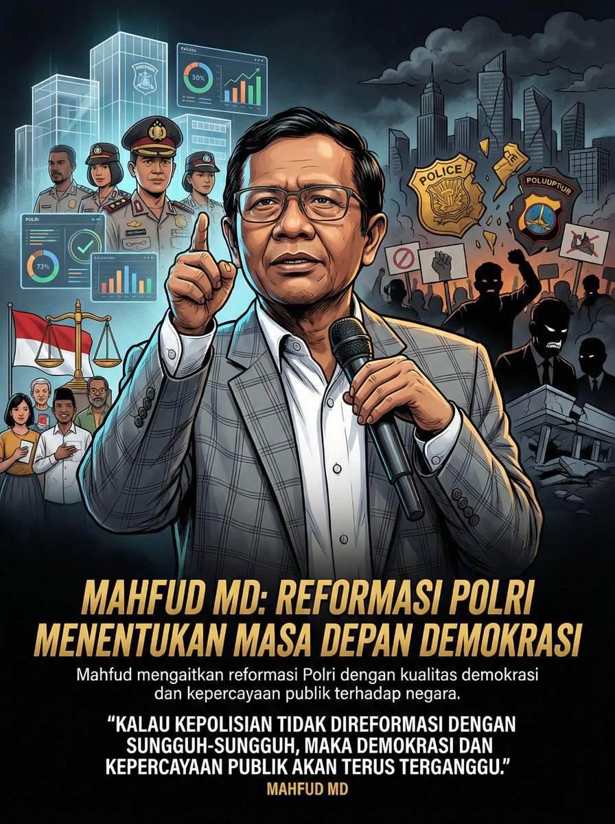 Reformasi Polri bukan sekadar wacana, tapi penentu masa depan demokrasi. Tegas dari Mahfud MD: tanpa reformasi sungguh-sungguh, demokrasi dan kepercayaan publik terus terganggu. #KomiteReformasiPolri