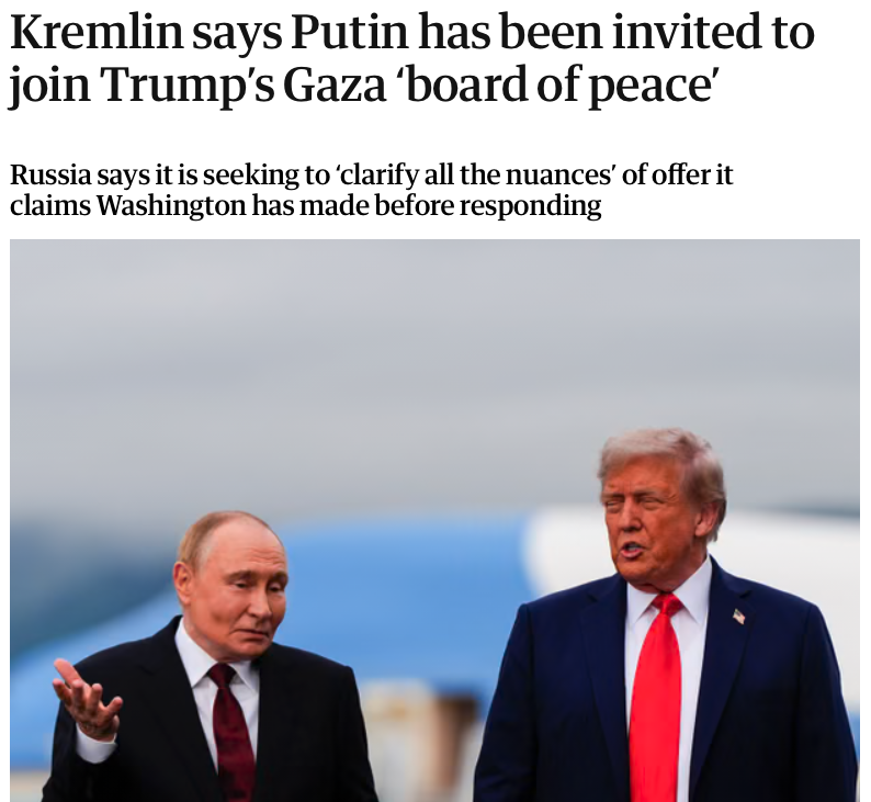 Jonathan_K_Cook's tweet image. The Guardian finds it perverse that Putin has been invited to join the Board of Peace.

That's the same Board to which fugitive war criminal Benjamin Netanyahu has also been invited and that will be chaired by Israel's main arms supplier, Donald J Trump.