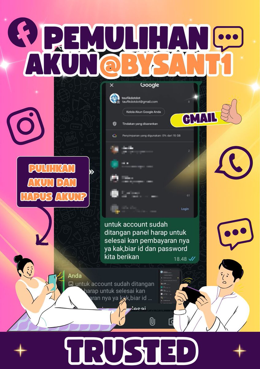 _evesite's tweet image. JASA ❕❕
PEMULIHAN AKUN DAN HAPUS AKUN

🌸&amp;gt;JASA HAPUS AKUN 
🌸&amp;gt;PULIHKAN BALIKIN AKUN LUPA PASWORD/KE HACK
🌸&amp;gt;JASA LACAK LOKASI
🌸&amp;gt;SADAP WA
🌸&amp;gt;LACAK HP HILANG BY NO HP/IMEI
🌸&amp;gt;JASA HACK/PEMULIHAN AKUN (EMAIL,IG,WA,TWITER/X, FB,TIKTOK)

FAST RESPON WA👇🏻