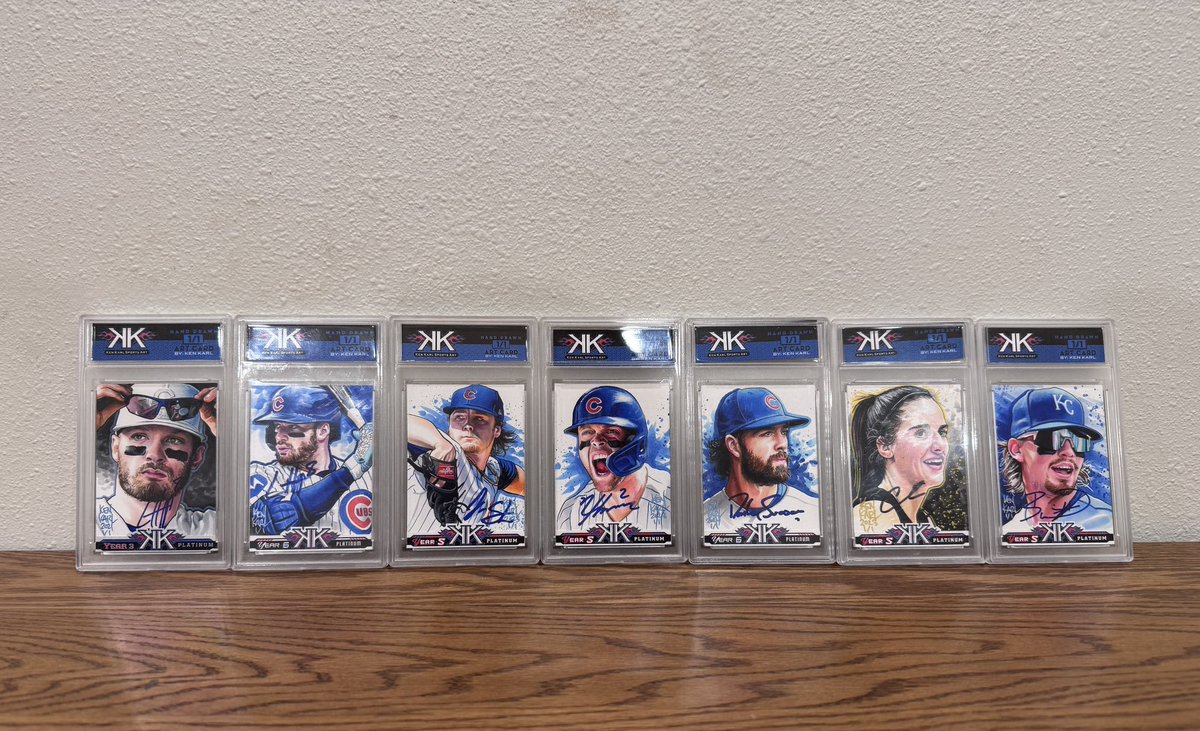 Luke was finally able to get his <a href="/KenKarlArt/">Ken Karl Sports Art</a> <a href="/LieutenantDans7/">Dansby Swanson</a> autographed this weekend at CubsCon to go with his other amazing <a href="/Cubs/">Chicago Cubs</a> cards that Ken has done. Just need to get his Shota one next. Second picture is all of the ones he’s gotten signed. Ken does such amazing work!