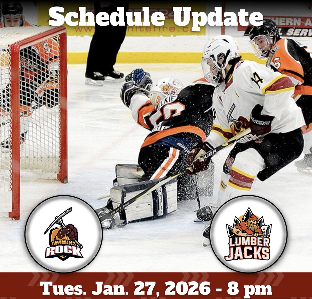📢 SCHEDULE UPDATE! 🗓️

Our home game from December 19 against the Hearst Lumberjacks (which was postponed due to weather❄️) has been rescheduled for TUESDAY, JANUARY 27th at 8:00 pm

All tickets from Dec. 19 will be honoured

#ScheduleUpdate #NOJHL #MarkYourCalendar