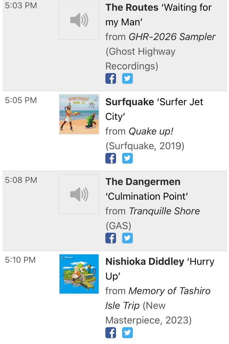 ニューオーリンズのFM局WTULで毎週放送されているStorm Surge of Reverbという番組で、New Masterpieceからリリースして頂きましたMemory of Tashiro Isle Tripの収録曲Hurry Upを流して頂きました！Thank you so much!

アーカイブ暫く聞けるみたいなので是非聞いてください
spinitron.com/WTUL/pl/218494…
