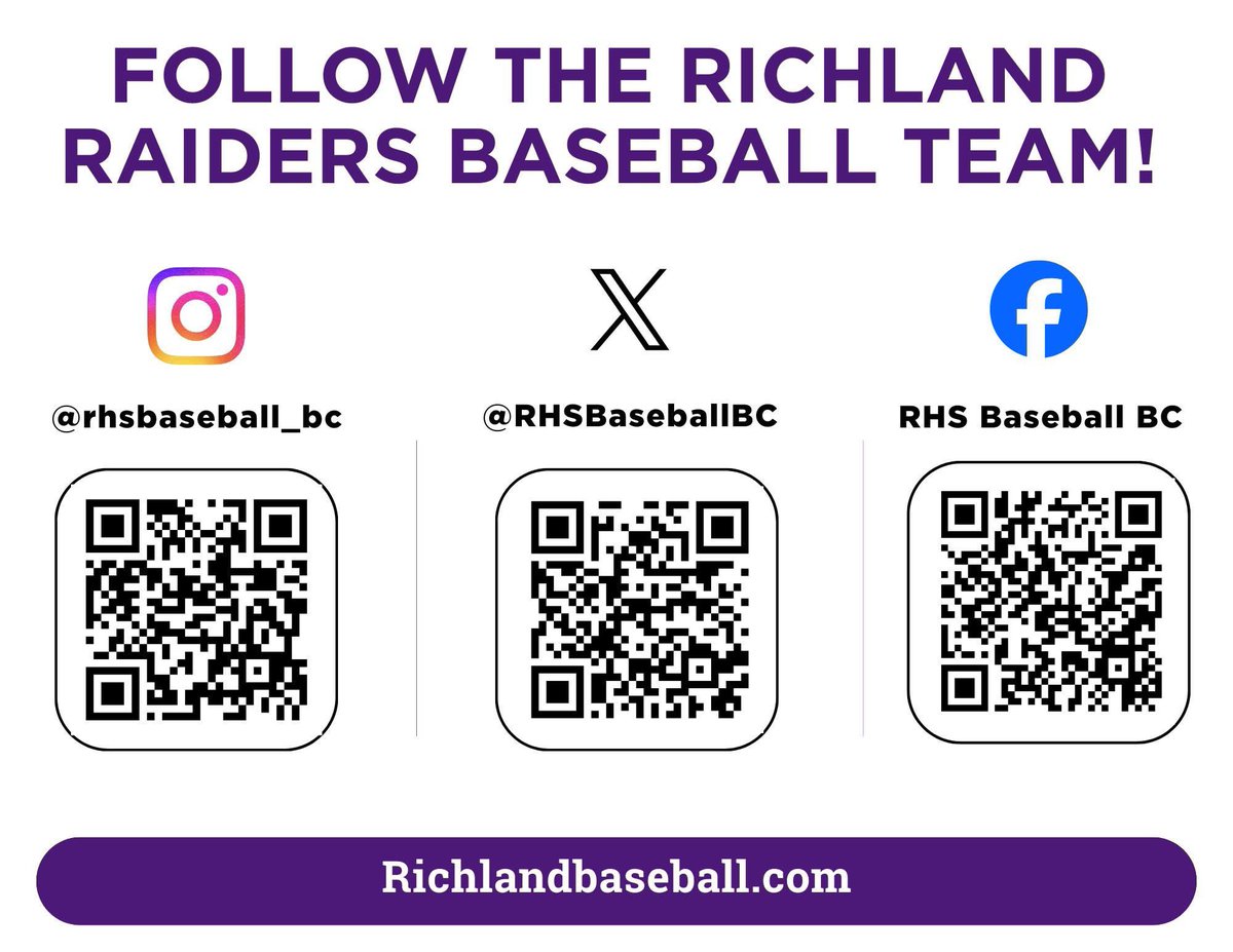 📢⚾ Calling all Richland Raider Baseball fans! Let’s stay connected and in the loop all season long! Below are our baseball social media pages. Please follow, like, and share so you don’t miss any updates, events, or game-day fun.